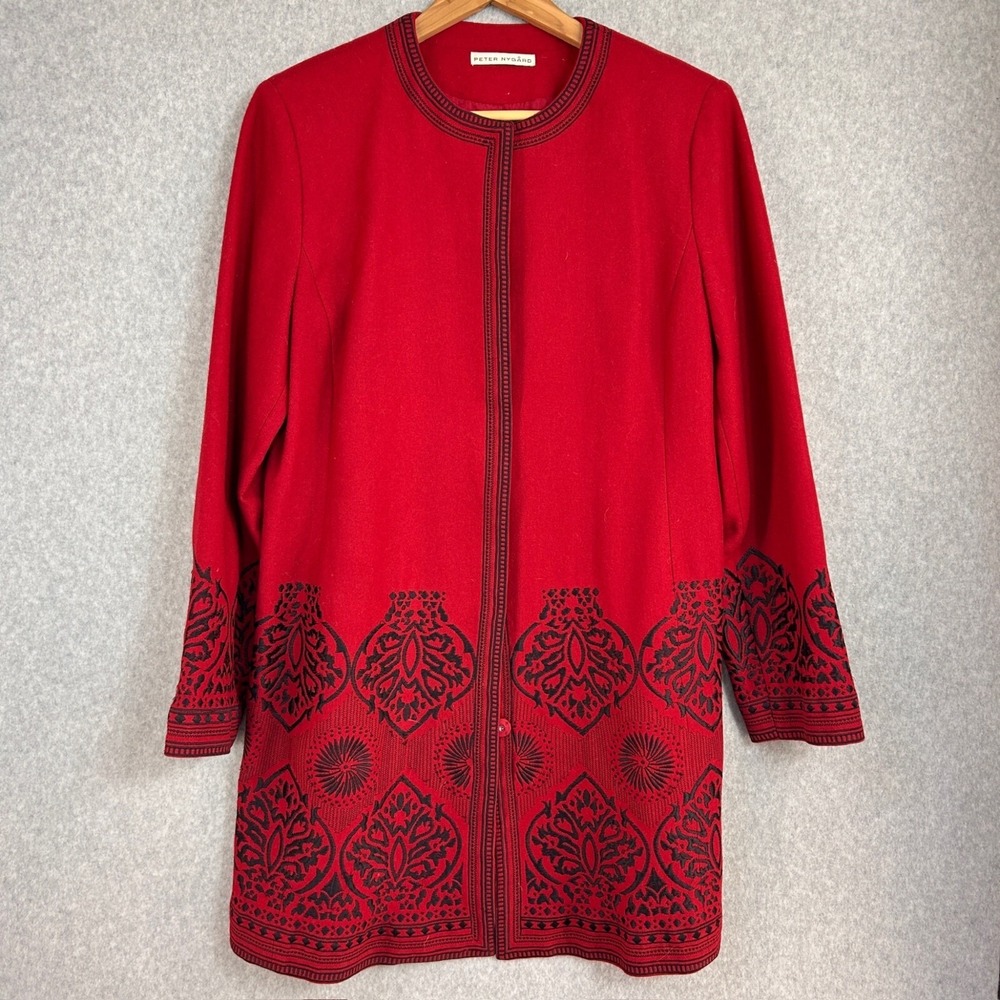 Peter Nygard Red Black Embroidered Blazer Jacket Wool Blend Womens Size Med (?)